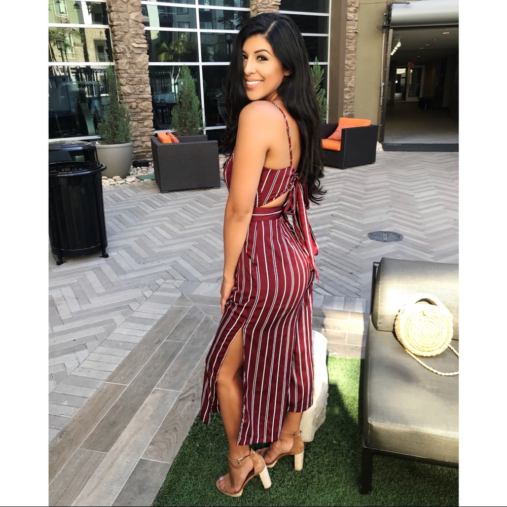 Nina Tie Back Striped Satin Jumpsuit Split Leg - Picture 1 of 3